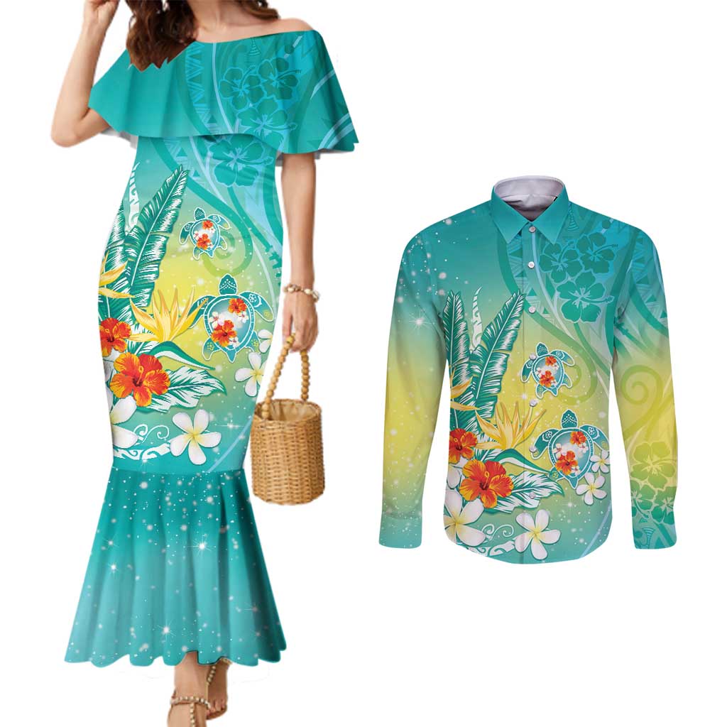 Hawaii Honu Couples Matching Mermaid Dress and Long Sleeve Button Shirt Tropical Flowers Turquoise Gradient LT05 Turquoise - Polynesian Pride