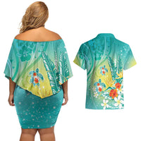 Hawaii Honu Couples Matching Off Shoulder Short Dress and Hawaiian Shirt Tropical Flowers Turquoise Gradient LT05 - Polynesian Pride