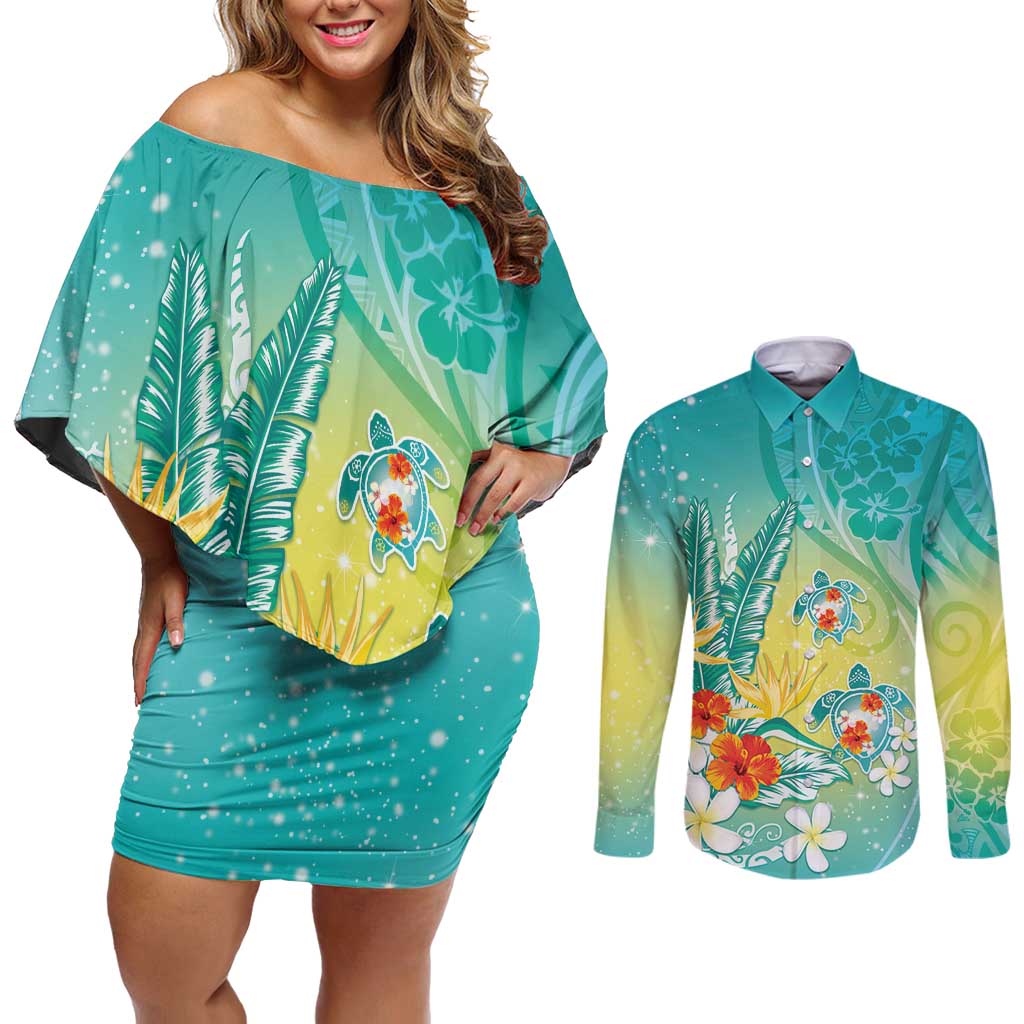 Hawaii Honu Couples Matching Off Shoulder Short Dress and Long Sleeve Button Shirt Tropical Flowers Turquoise Gradient LT05 Turquoise - Polynesian Pride