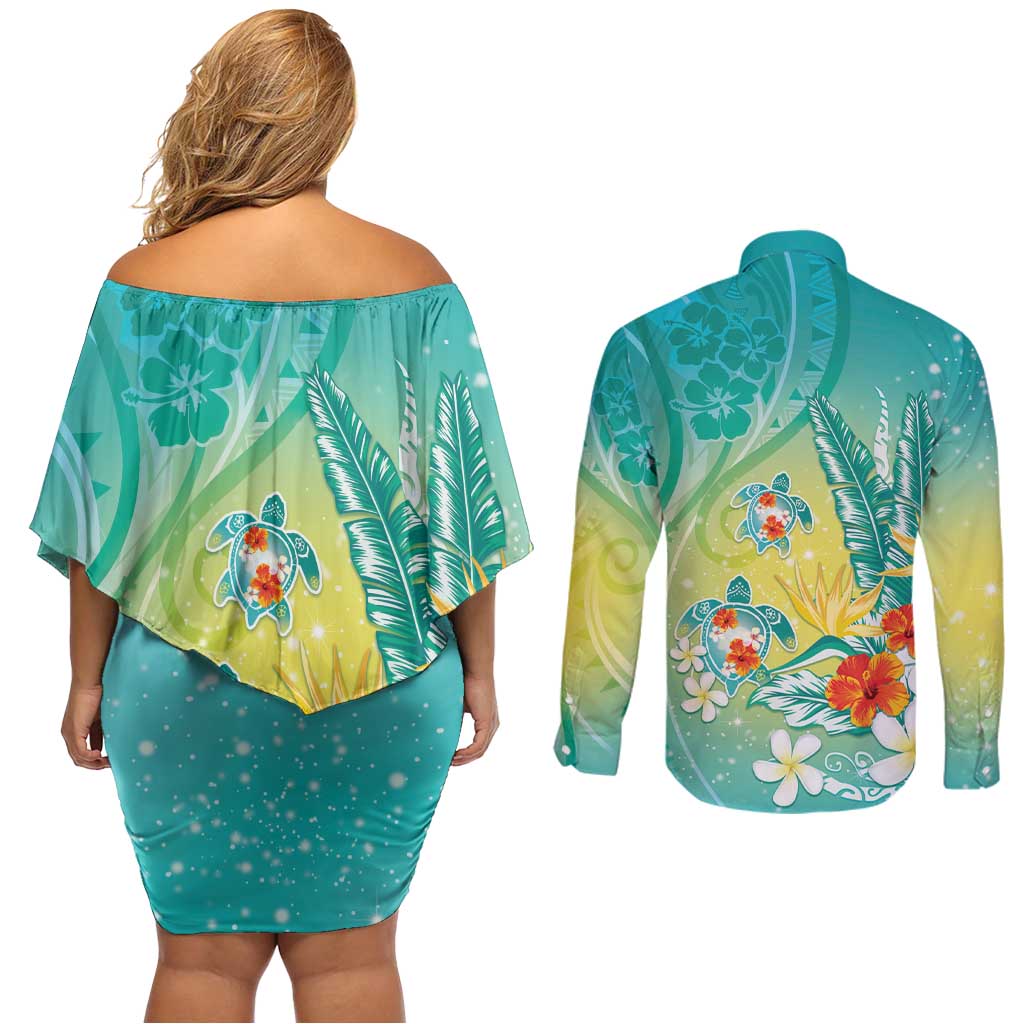 Hawaii Honu Couples Matching Off Shoulder Short Dress and Long Sleeve Button Shirt Tropical Flowers Turquoise Gradient LT05 - Polynesian Pride