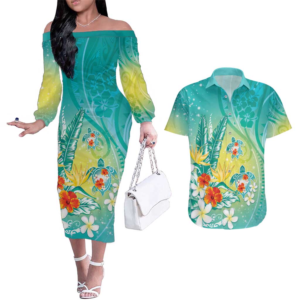 Hawaii Honu Couples Matching Off The Shoulder Long Sleeve Dress and Hawaiian Shirt Tropical Flowers Turquoise Gradient LT05 Turquoise - Polynesian Pride