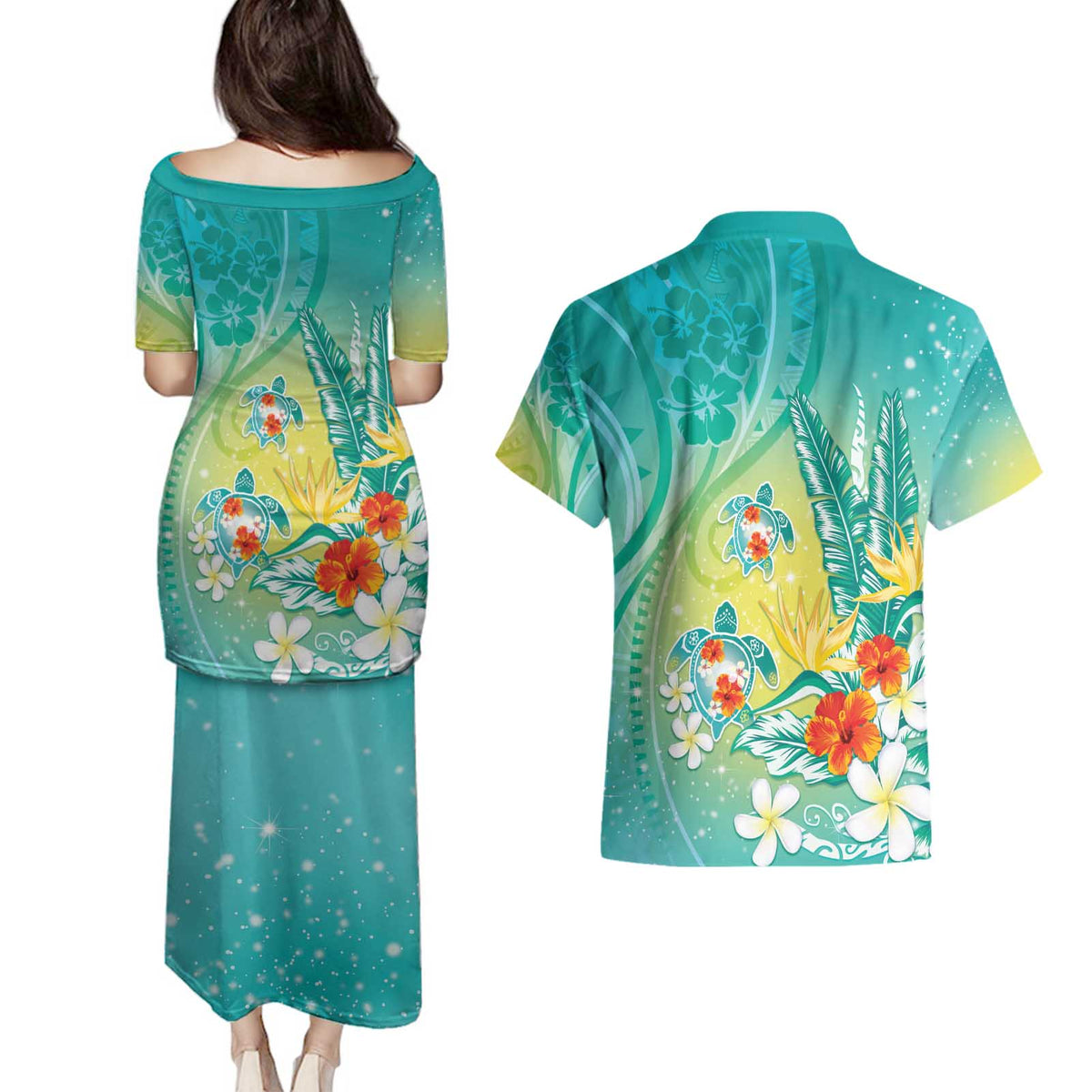 Hawaii Honu Couples Matching Puletasi and Hawaiian Shirt Tropical Flowers Turquoise Gradient