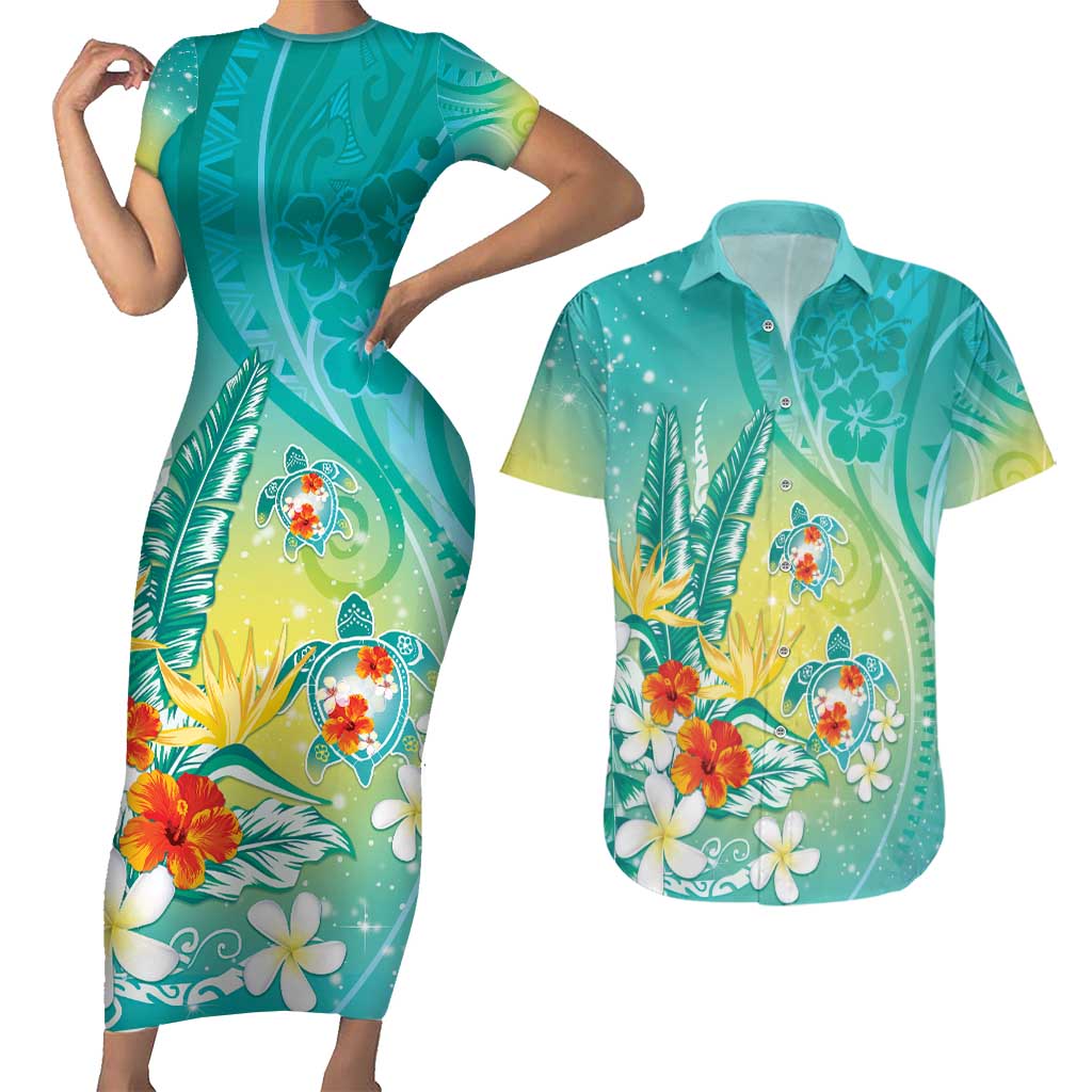 Hawaii Honu Couples Matching Short Sleeve Bodycon Dress and Hawaiian Shirt Tropical Flowers Turquoise Gradient LT05 Turquoise - Polynesian Pride