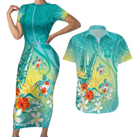 Hawaii Honu Couples Matching Short Sleeve Bodycon Dress and Hawaiian Shirt Tropical Flowers Turquoise Gradient LT05 Turquoise - Polynesian Pride