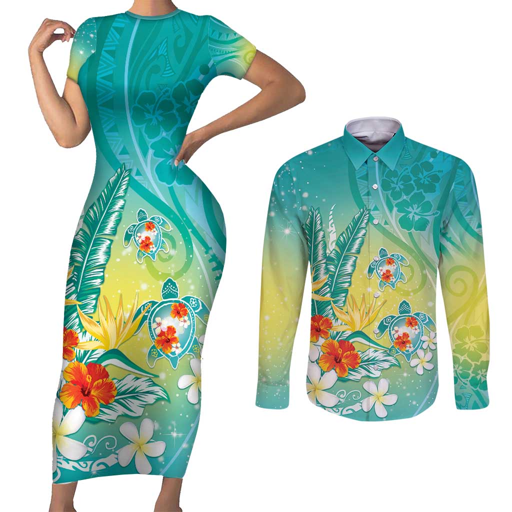 Hawaii Honu Couples Matching Short Sleeve Bodycon Dress and Long Sleeve Button Shirt Tropical Flowers Turquoise Gradient LT05 Turquoise - Polynesian Pride