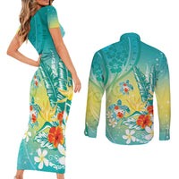 Hawaii Honu Couples Matching Short Sleeve Bodycon Dress and Long Sleeve Button Shirt Tropical Flowers Turquoise Gradient LT05 - Polynesian Pride