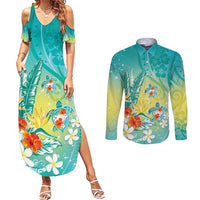 Hawaii Honu Couples Matching Summer Maxi Dress and Long Sleeve Button Shirt Tropical Flowers Turquoise Gradient LT05 Turquoise - Polynesian Pride