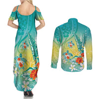 Hawaii Honu Couples Matching Summer Maxi Dress and Long Sleeve Button Shirt Tropical Flowers Turquoise Gradient LT05 - Polynesian Pride