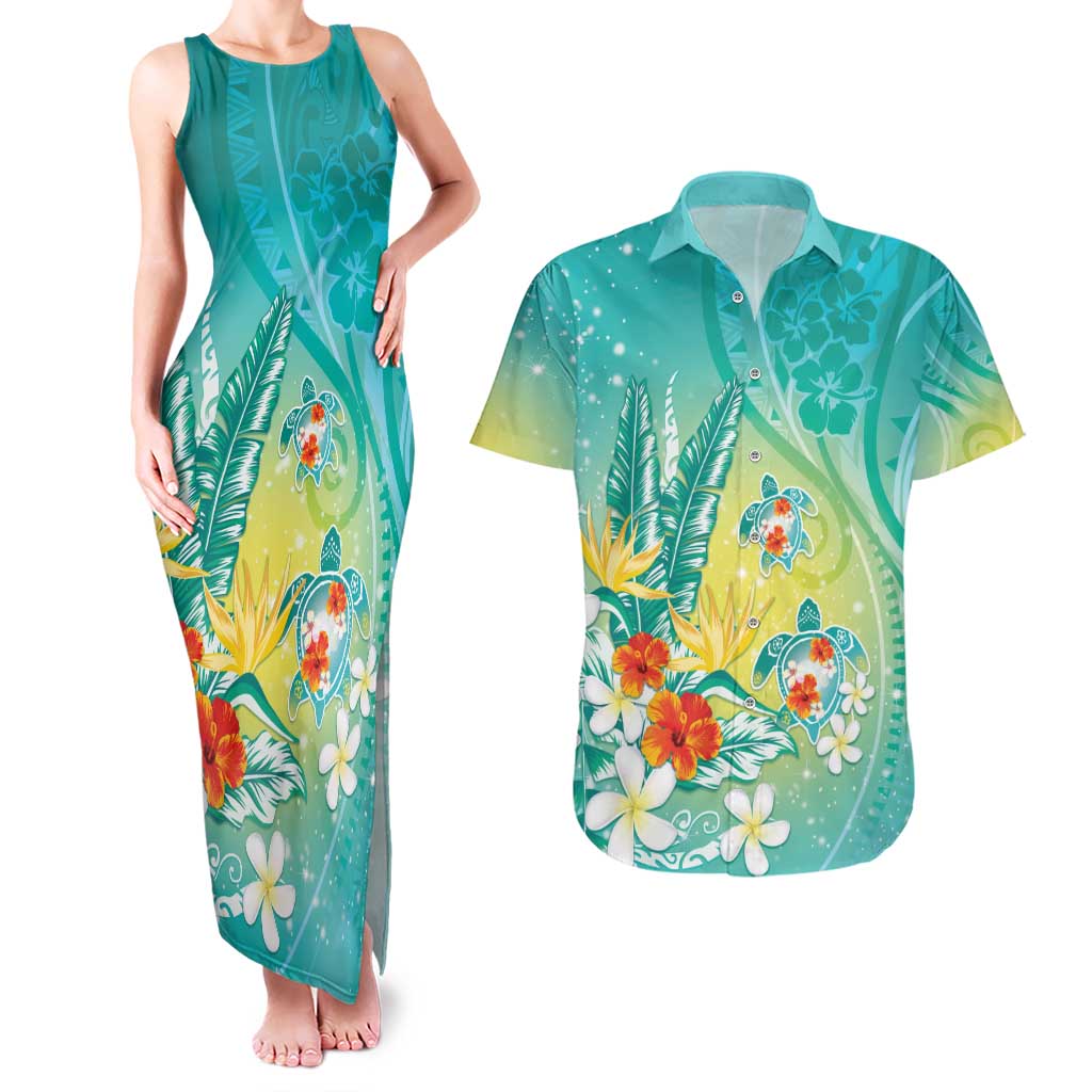 Hawaii Honu Couples Matching Tank Maxi Dress and Hawaiian Shirt - Tropical Flowers Turquoise Gradient LT05 Turquoise - Polynesian Pride