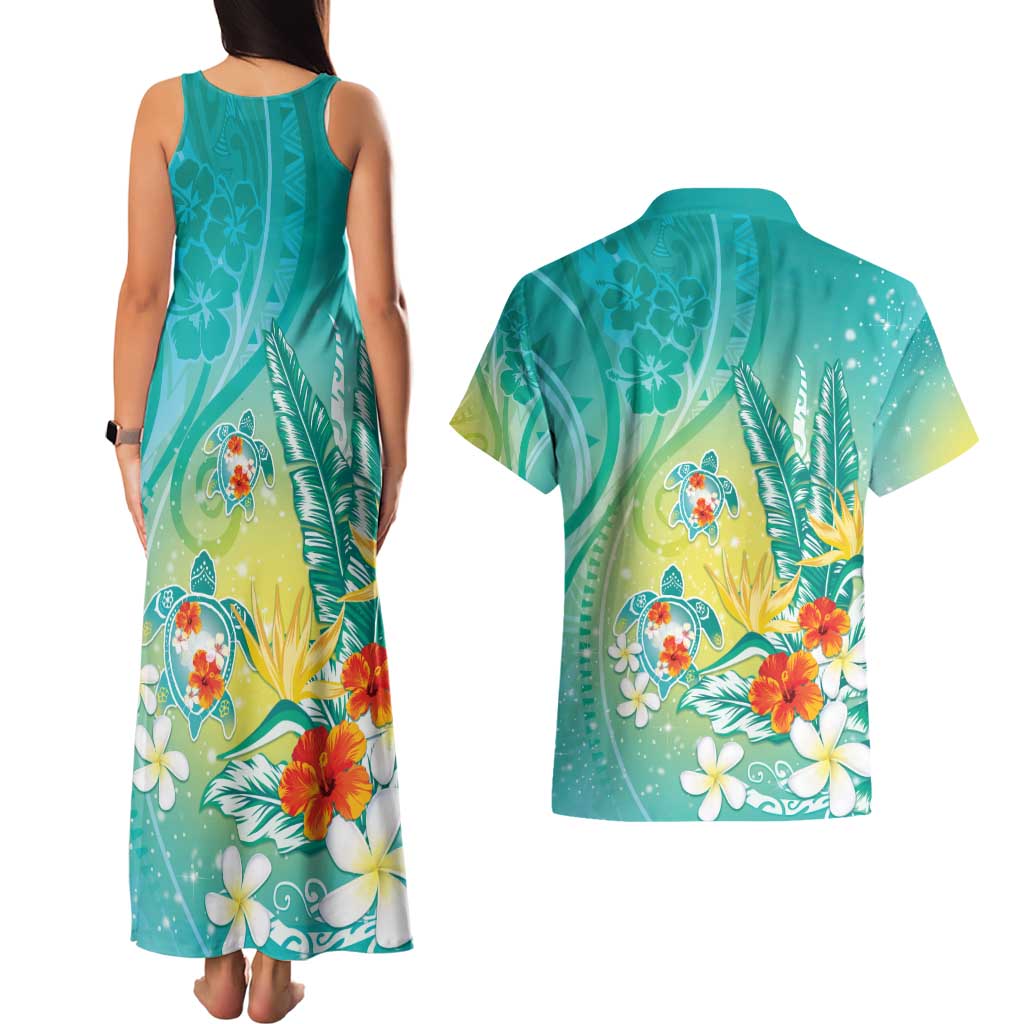 Hawaii Honu Couples Matching Tank Maxi Dress and Hawaiian Shirt - Tropical Flowers Turquoise Gradient LT05 - Polynesian Pride
