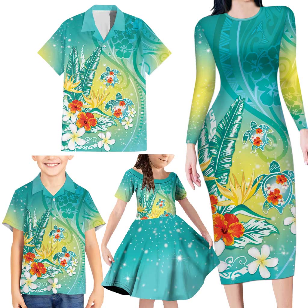 Hawaii Honu Family Matching Long Sleeve Bodycon Dress and Hawaiian Shirt Tropical Flowers Turquoise Gradient