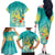 Hawaii Honu Family Matching Off The Shoulder Long Sleeve Dress and Hawaiian Shirt Tropical Flowers Turquoise Gradient