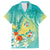 Hawaii Honu Family Matching Off The Shoulder Long Sleeve Dress and Hawaiian Shirt Tropical Flowers Turquoise Gradient