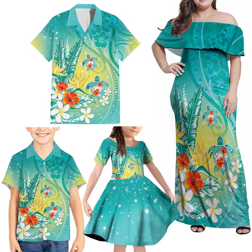 Hawaii Honu Family Matching Off Shoulder Maxi Dress and Hawaiian Shirt Tropical Flowers Turquoise Gradient