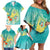 Hawaii Honu Family Matching Off Shoulder Short Dress and Hawaiian Shirt Tropical Flowers Turquoise Gradient