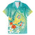 Hawaii Honu Family Matching Off Shoulder Short Dress and Hawaiian Shirt Tropical Flowers Turquoise Gradient