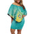 Hawaii Honu Family Matching Off Shoulder Short Dress and Hawaiian Shirt Tropical Flowers Turquoise Gradient