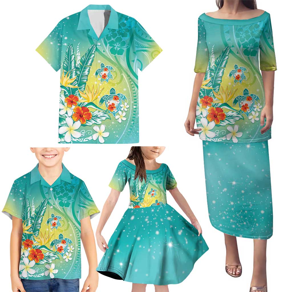 Hawaii Honu Family Matching Puletasi and Hawaiian Shirt Tropical Flowers Turquoise Gradient