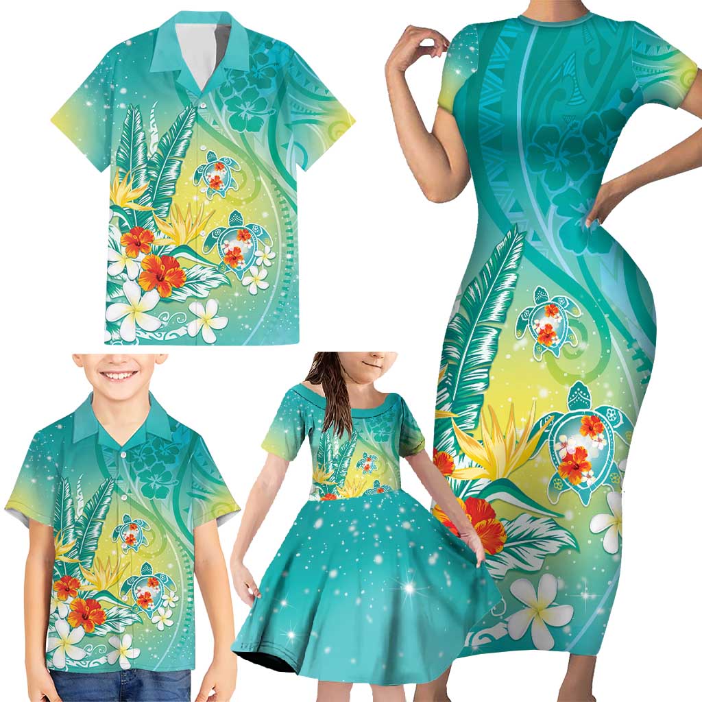 Hawaii Honu Family Matching Short Sleeve Bodycon Dress and Hawaiian Shirt Tropical Flowers Turquoise Gradient