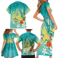Hawaii Honu Family Matching Short Sleeve Bodycon Dress and Hawaiian Shirt Tropical Flowers Turquoise Gradient