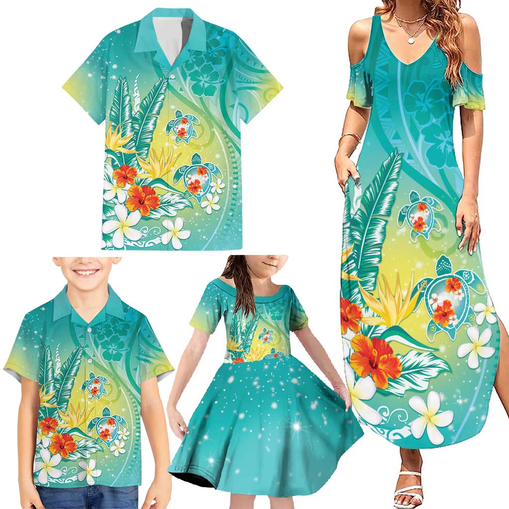 Hawaii Honu Family Matching Summer Maxi Dress and Hawaiian Shirt Tropical Flowers Turquoise Gradient