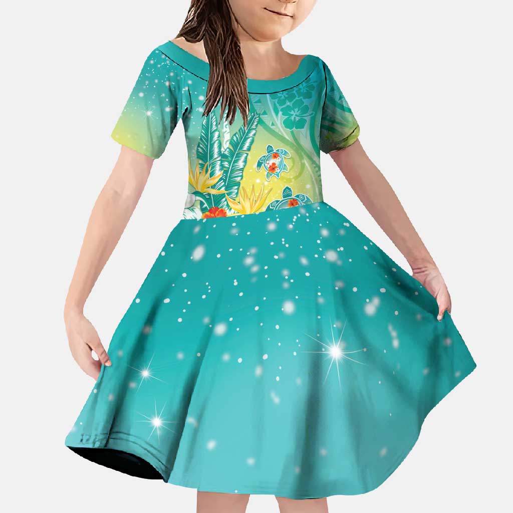 Hawaii Honu Family Matching Tank Maxi Dress and Hawaiian Shirt Tropical Flowers Turquoise Gradient