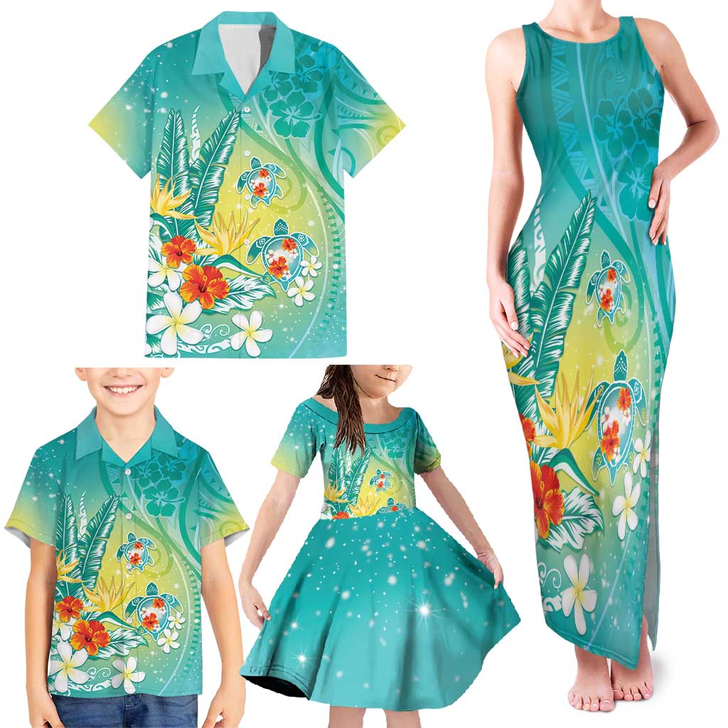 Hawaii Honu Family Matching Tank Maxi Dress and Hawaiian Shirt Tropical Flowers Turquoise Gradient