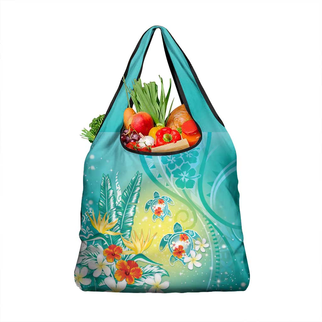 Hawaii Honu Grocery Bag Tropical Flowers Turquoise Gradient LT05 1-pack One Size Turquoise - Polynesian Pride