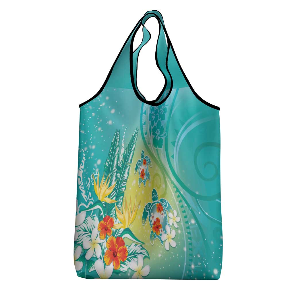 Hawaii Honu Grocery Bag Tropical Flowers Turquoise Gradient LT05 - Polynesian Pride