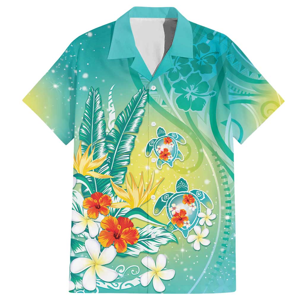 Hawaii Honu Hawaiian Shirt Tropical Flowers Turquoise Gradient LT05 Turquoise - Polynesian Pride