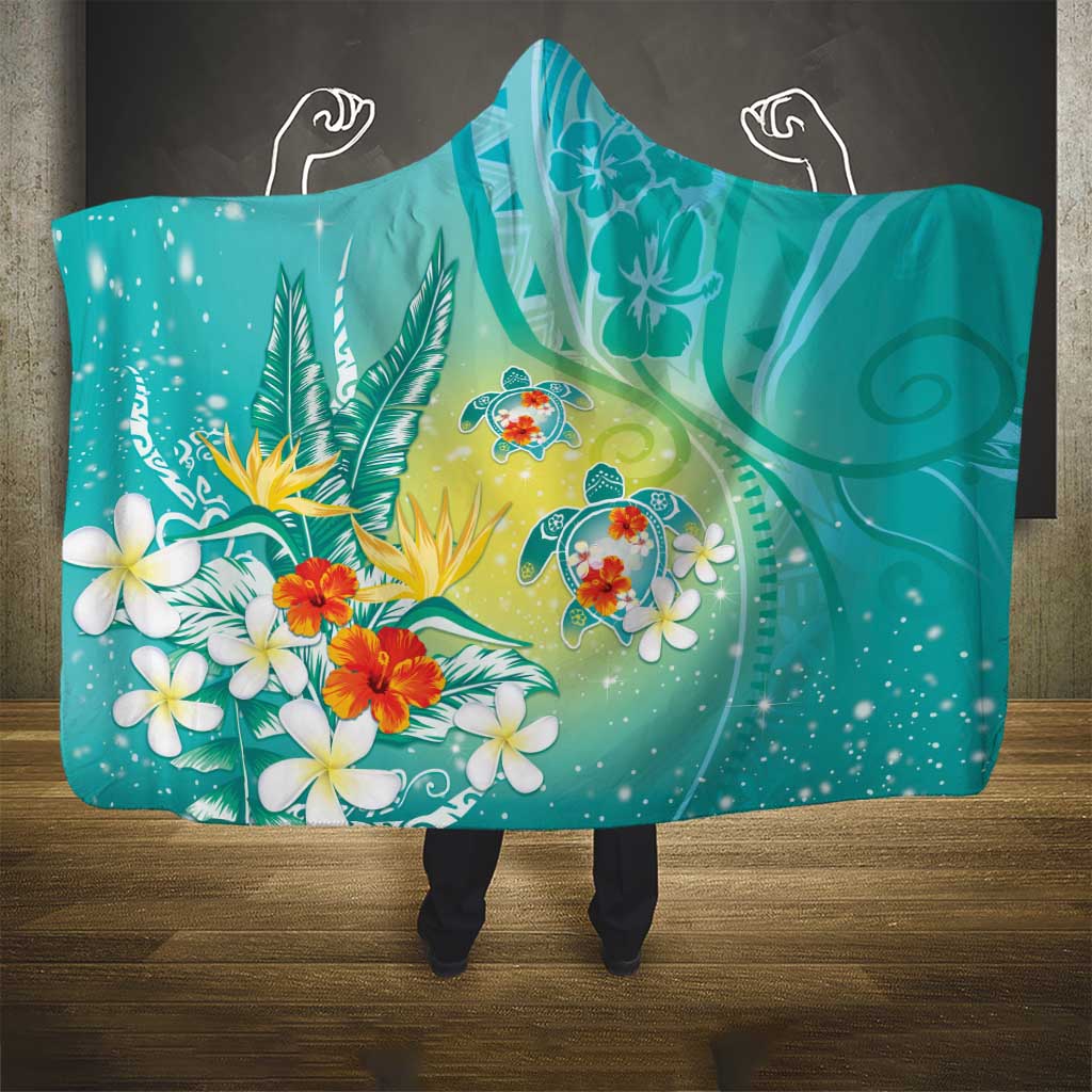 Hawaii Honu Hooded Blanket Tropical Flowers Turquoise Gradient LT05 - Polynesian Pride