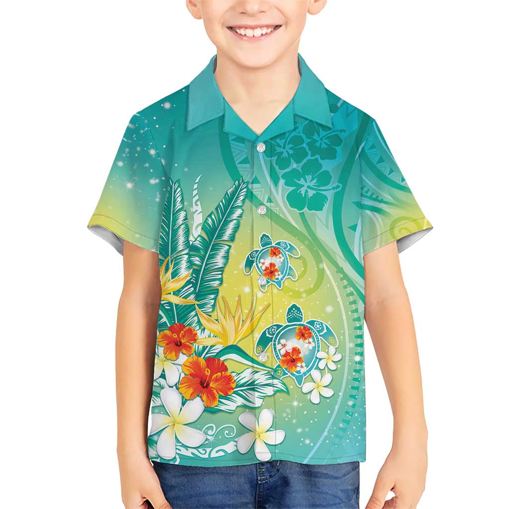 Hawaii Honu Kid Hawaiian Shirt Tropical Flowers Turquoise Gradient
