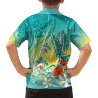 Hawaii Honu Kid Hawaiian Shirt Tropical Flowers Turquoise Gradient