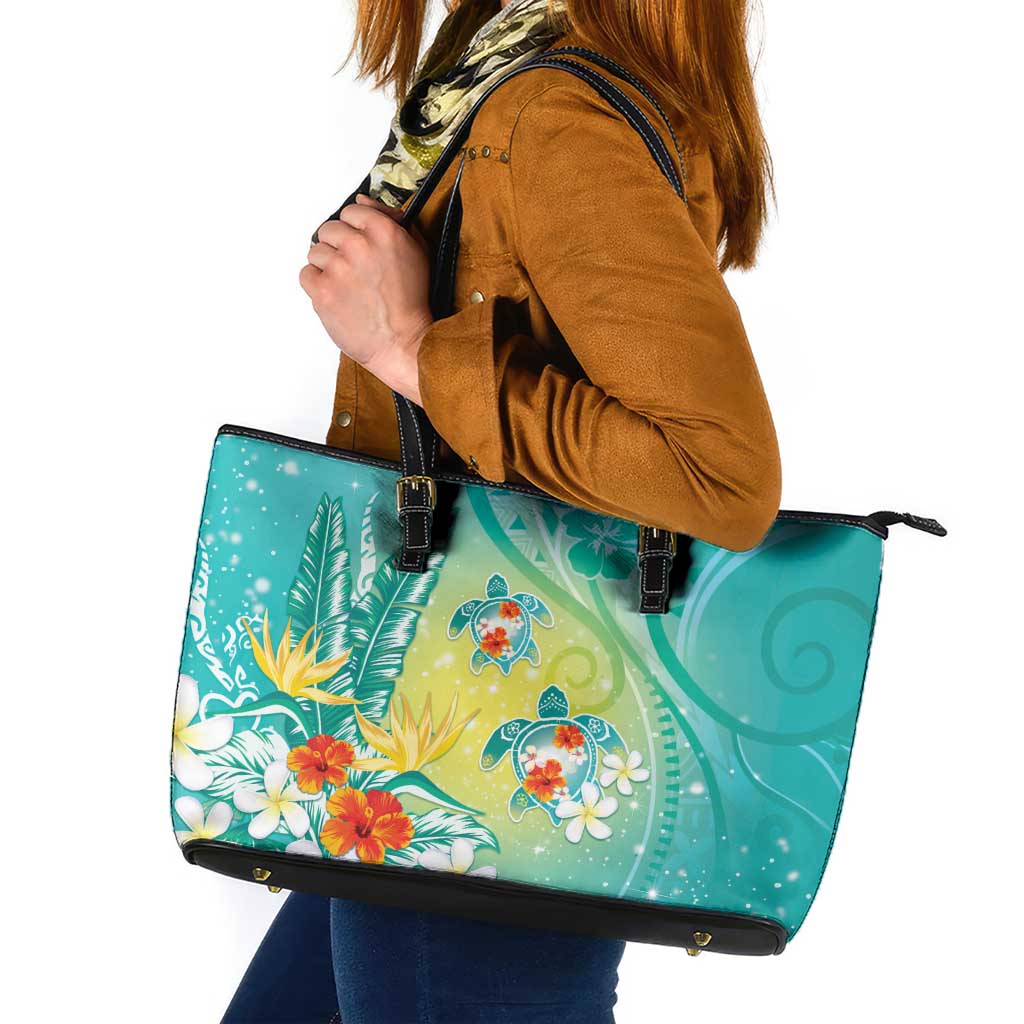 Hawaii Honu Leather Tote Bag - Tropical Flowers Turquoise Gradient LT05 Turquoise - Polynesian Pride