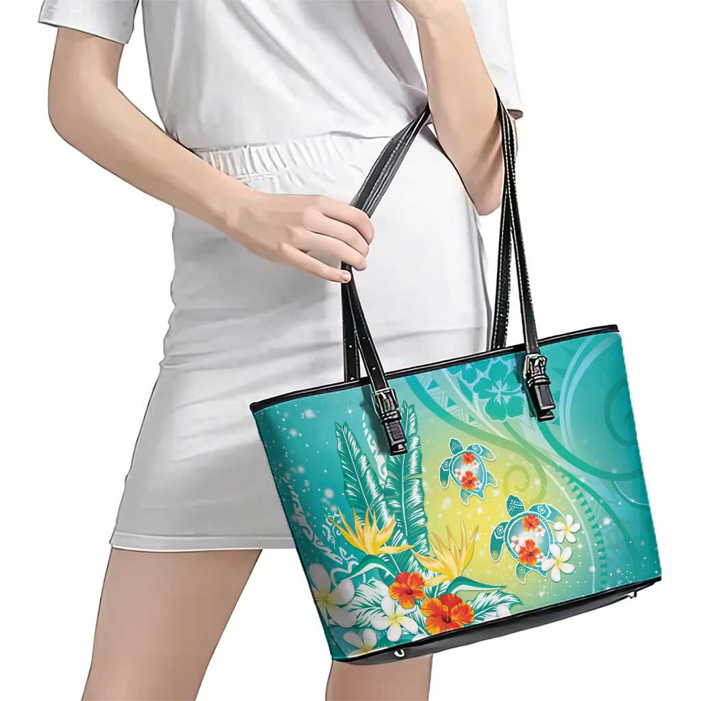 Hawaii Honu Leather Tote Bag - Tropical Flowers Turquoise Gradient LT05 - Polynesian Pride