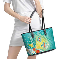 Hawaii Honu Leather Tote Bag - Tropical Flowers Turquoise Gradient LT05 - Polynesian Pride