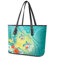 Hawaii Honu Leather Tote Bag - Tropical Flowers Turquoise Gradient LT05 - Polynesian Pride