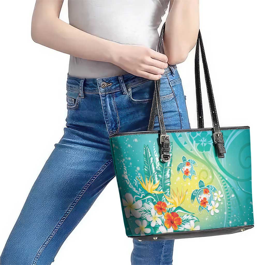 Hawaii Honu Leather Tote Bag - Tropical Flowers Turquoise Gradient LT05 - Polynesian Pride