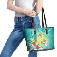 Hawaii Honu Leather Tote Bag - Tropical Flowers Turquoise Gradient LT05 - Polynesian Pride