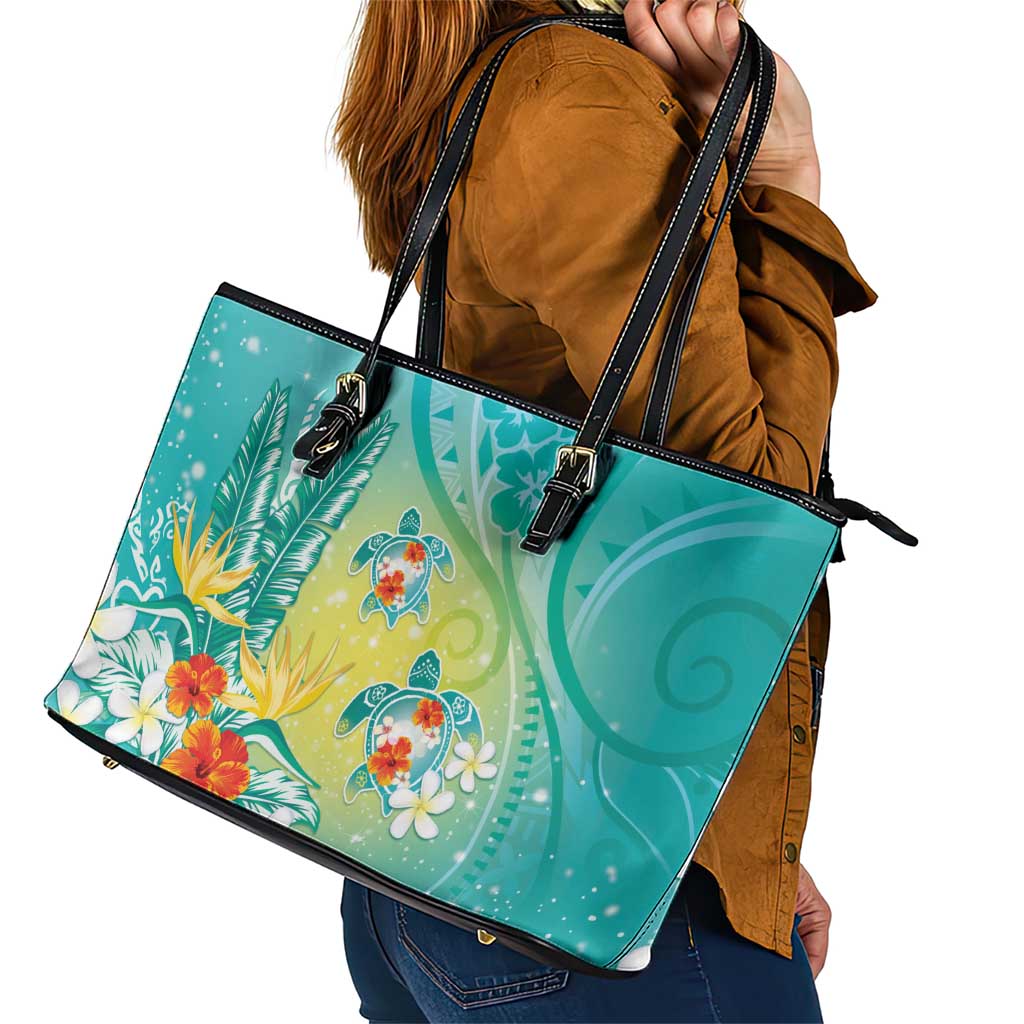 Hawaii Honu Leather Tote Bag - Tropical Flowers Turquoise Gradient LT05 - Polynesian Pride