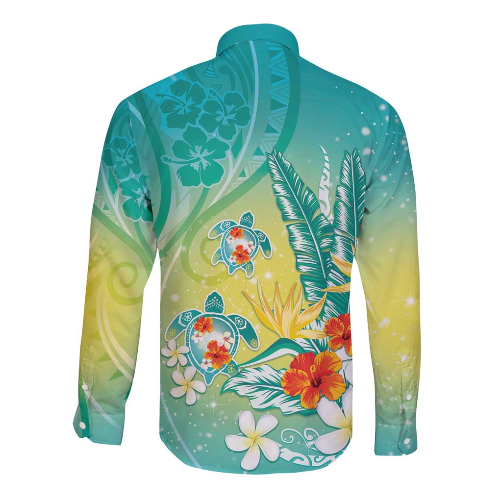 Hawaii Honu Long Sleeve Button Shirt Tropical Flowers Turquoise Gradient