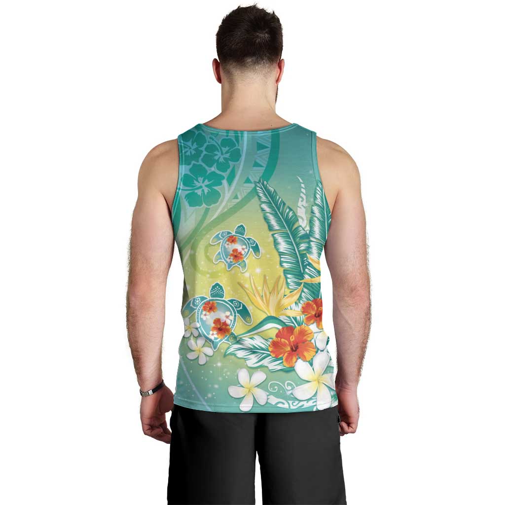 Hawaii Honu Men Tank Top - Tropical Flowers Turquoise Gradient LT05 - Polynesian Pride