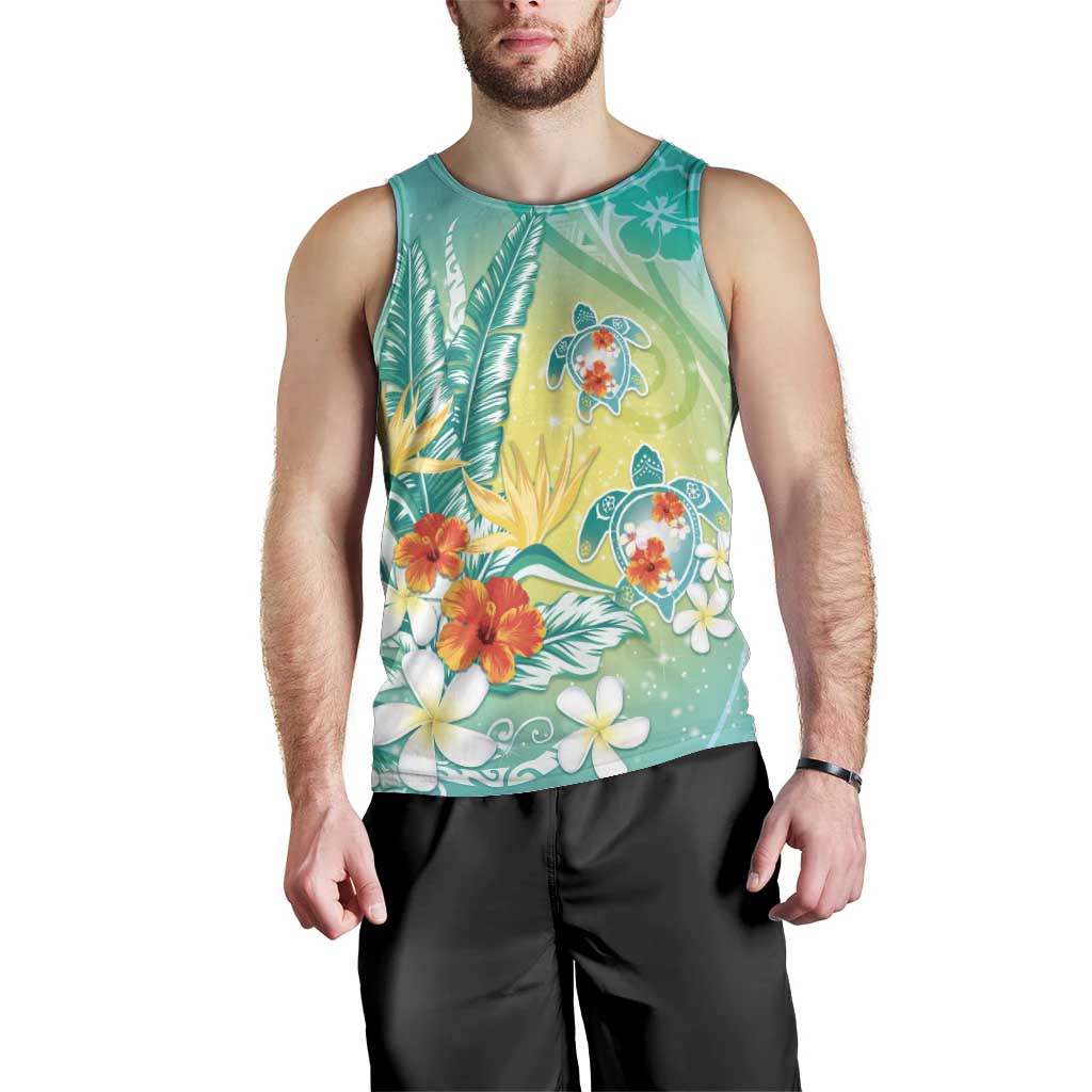 Hawaii Honu Men Tank Top - Tropical Flowers Turquoise Gradient LT05 - Polynesian Pride