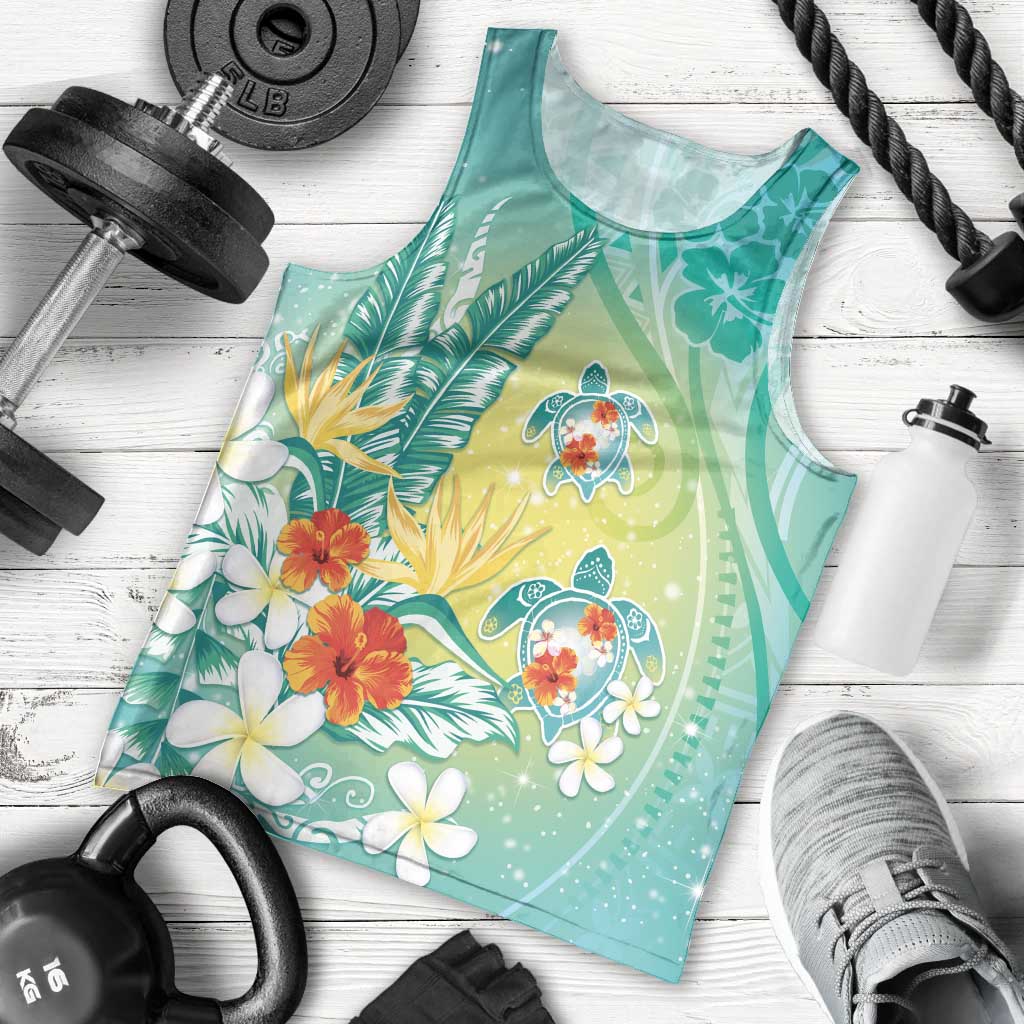 Hawaii Honu Men Tank Top - Tropical Flowers Turquoise Gradient LT05 - Polynesian Pride