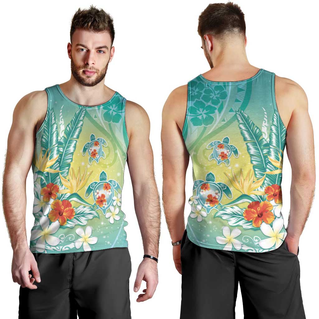 Hawaii Honu Men Tank Top - Tropical Flowers Turquoise Gradient LT05 - Polynesian Pride
