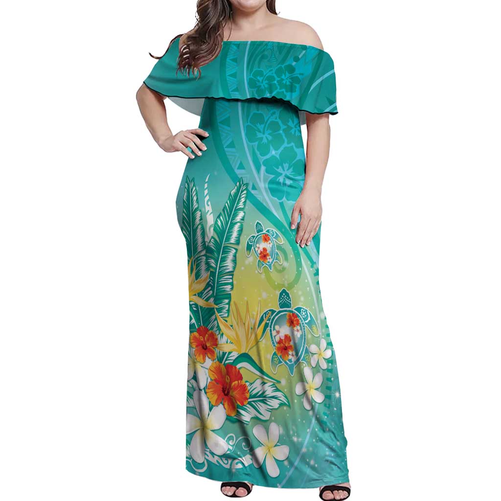 Hawaii Honu Off Shoulder Maxi Dress Tropical Flowers Turquoise Gradient LT05 Women Turquoise - Polynesian Pride