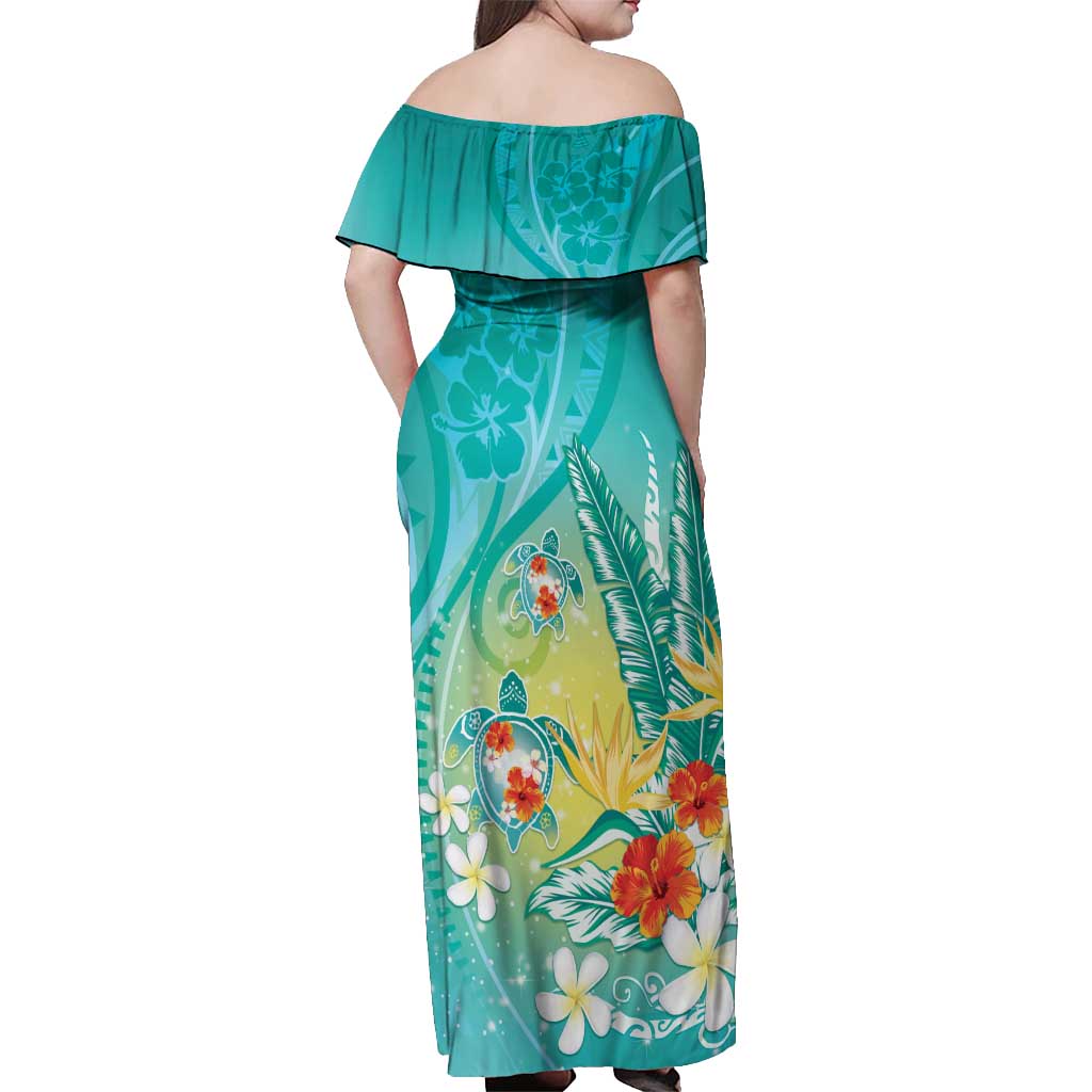 Hawaii Honu Off Shoulder Maxi Dress Tropical Flowers Turquoise Gradient LT05 - Polynesian Pride
