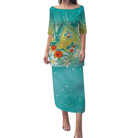 Hawaii Honu Puletasi - Tropical Flowers Turquoise Gradient LT05 Long Dress Turquoise - Polynesian Pride