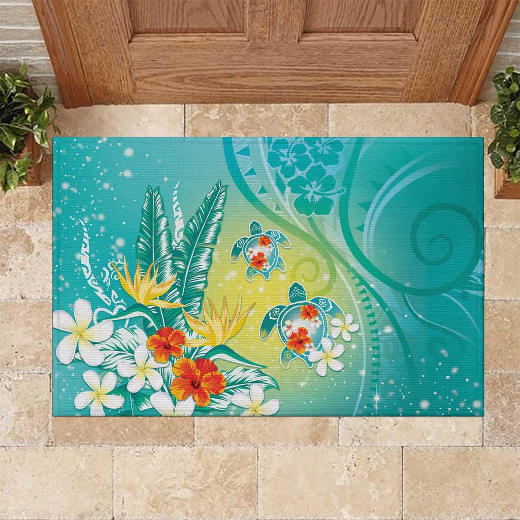 Hawaii Honu Rubber Doormat Tropical Flowers Turquoise Gradient LT05 Turquoise - Polynesian Pride