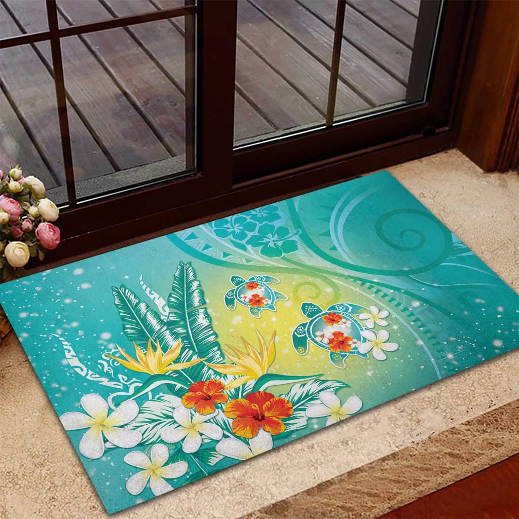 Hawaii Honu Rubber Doormat Tropical Flowers Turquoise Gradient LT05 - Polynesian Pride
